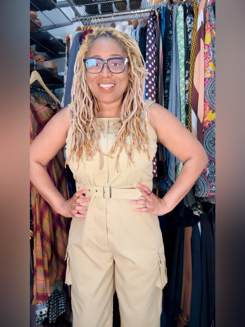 Sleeveless Belted Cargo Jumpsuit - Tan
